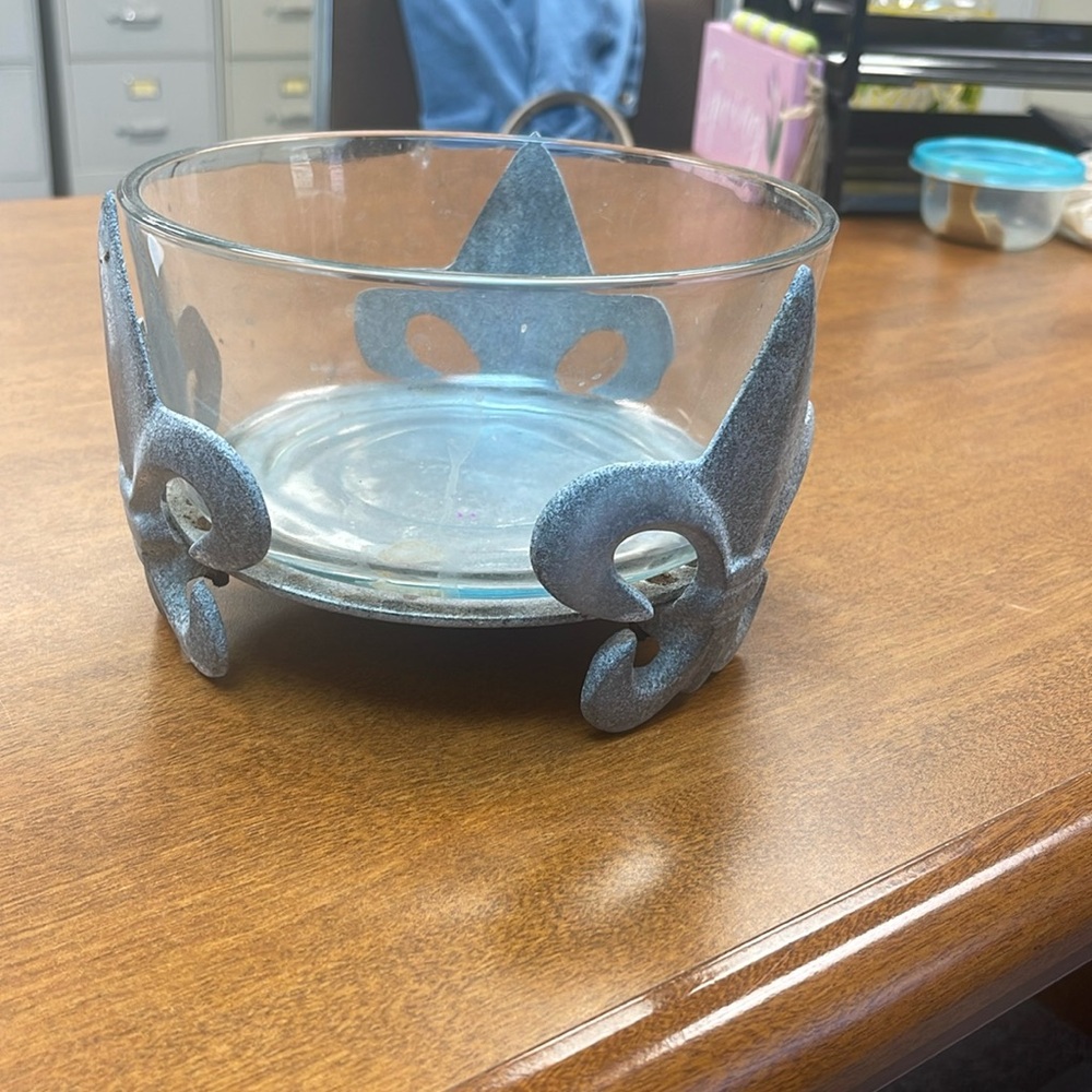 Fleur de Lis Metal and Glass Candy Dish